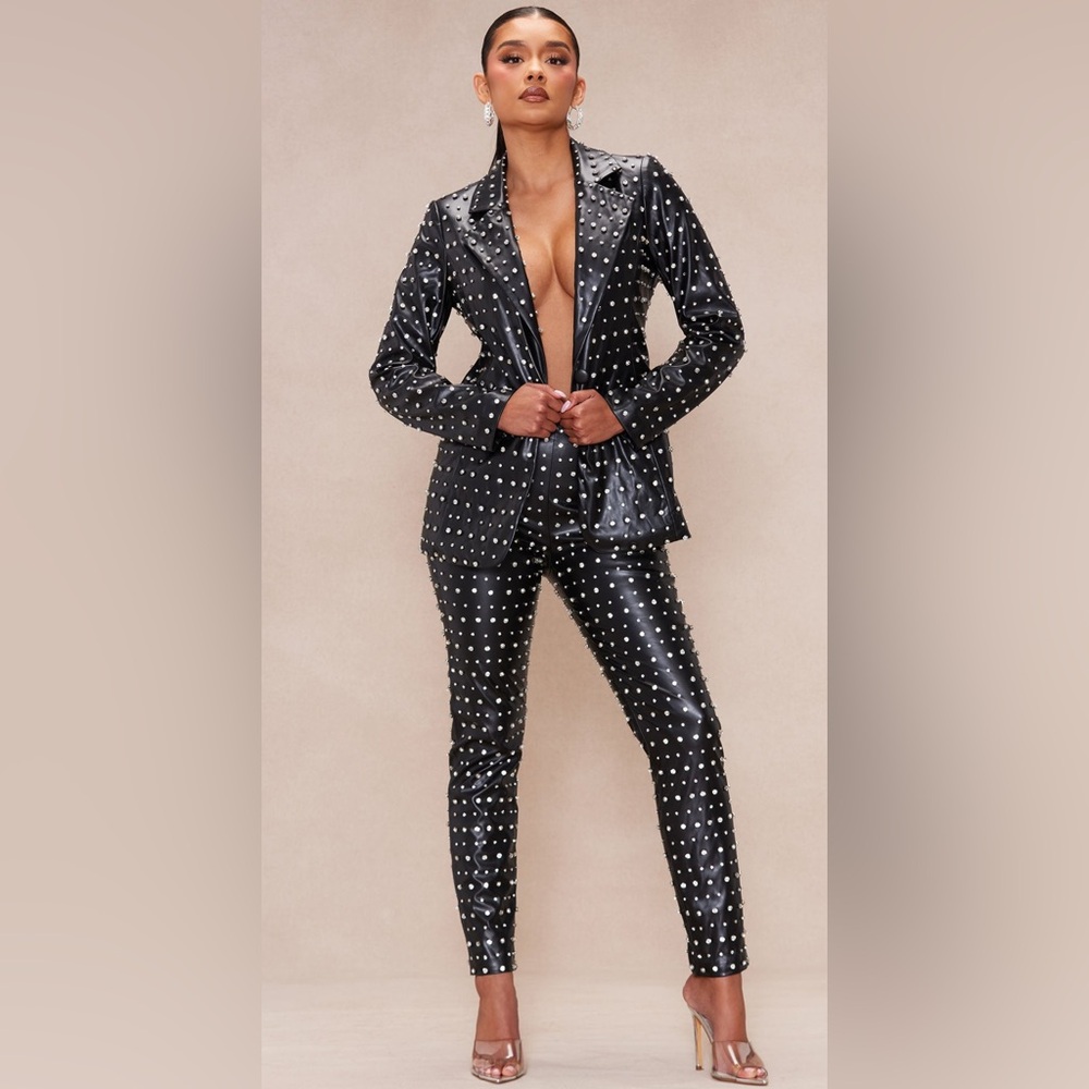 Fashion Nova Black Faux Leather Embellished Blazer Set